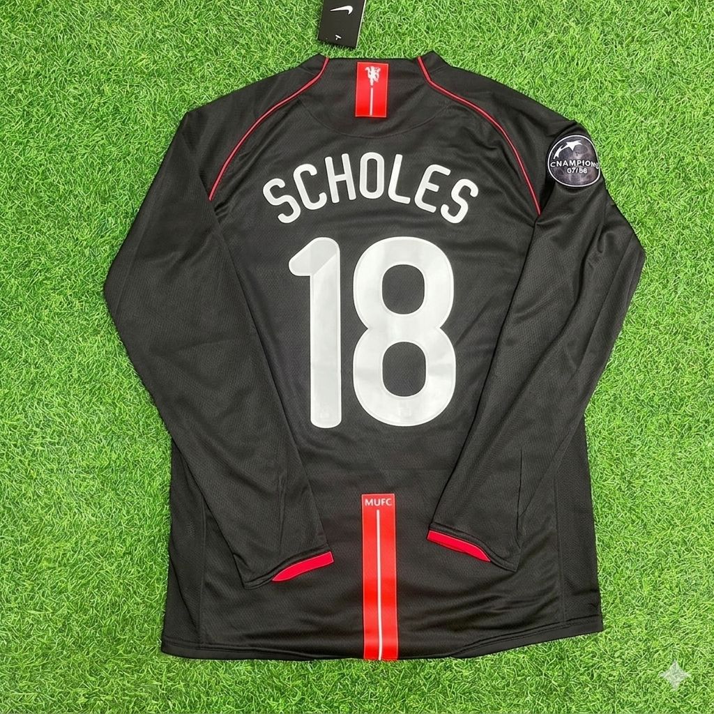 2007/08 Paul Scholes Manchester United Champions League Patch Black Retro Football Jersey Collection – Back View