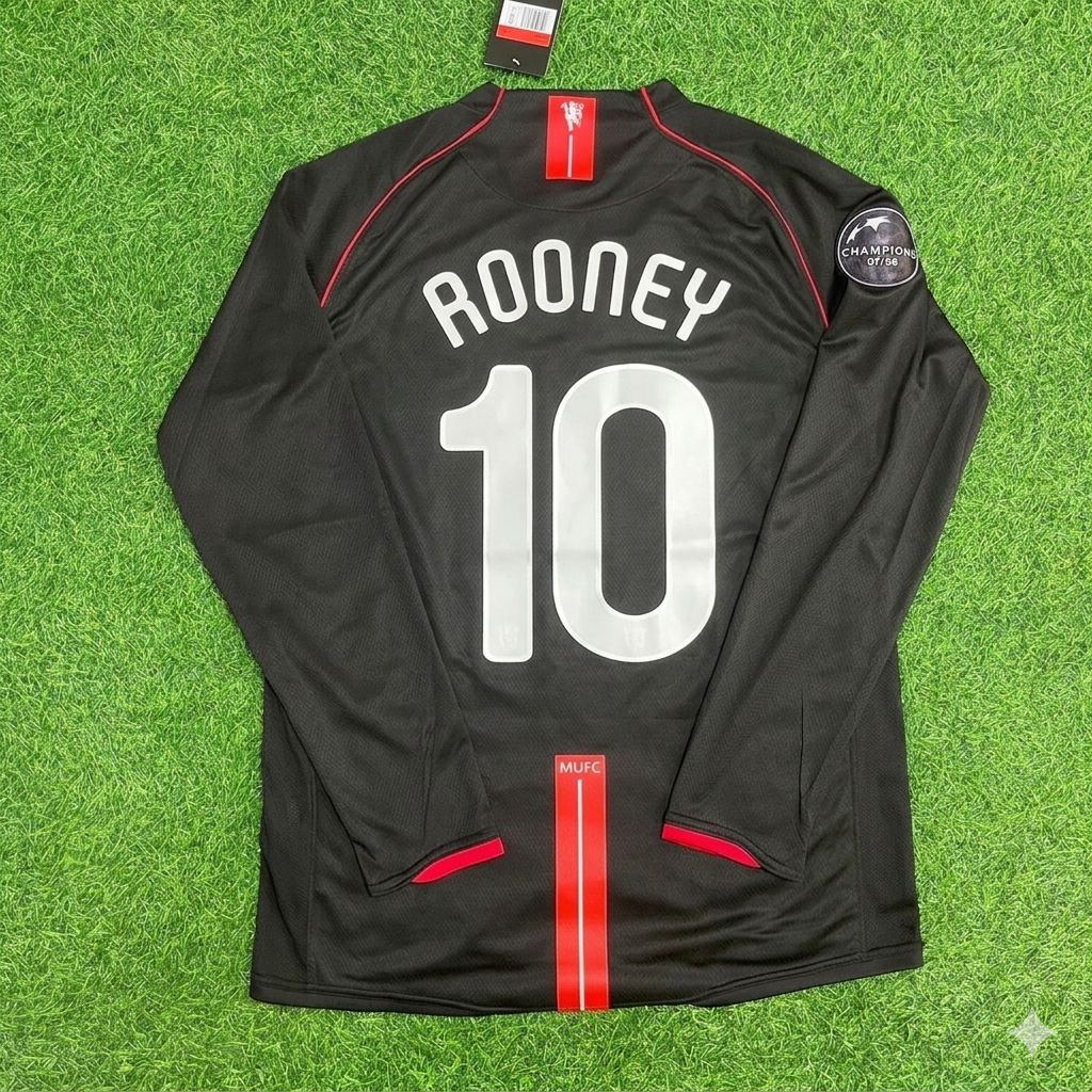 Wayne Rooney Manchester United 2007/2008 Champions League Patch Black Retro Football Jersey – Back View