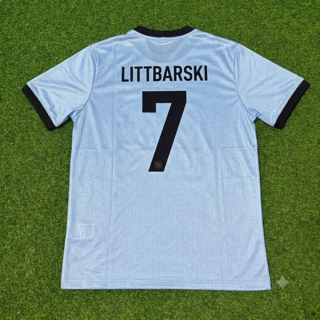 Pierre Littbarski Germany 125th Year Special Clear Blue Retro Football Jersey – Back View
