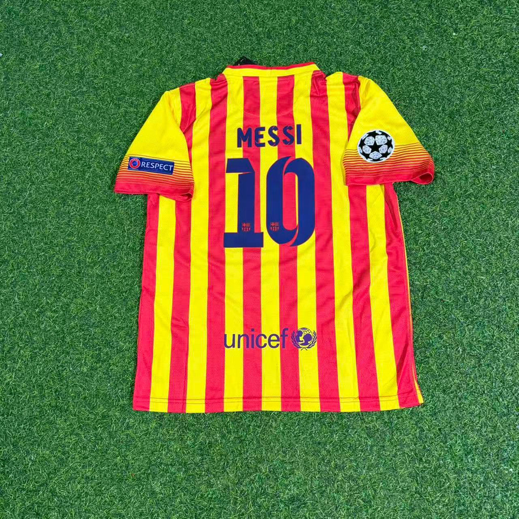 2013/14 Lionel Messi 10 - Barcelona Yellow Red Retro Football Jersey – Detailed View