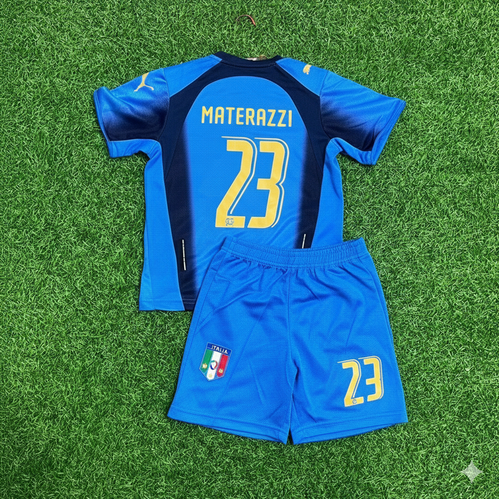 2006 Italy World Cup Marco Materazzi 23- Final Retro Kids Football Jersey Kinder – Back View