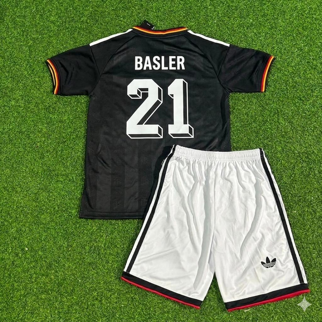 Mario Basler Germany Black Retro Kids Football Jersey – Back View
