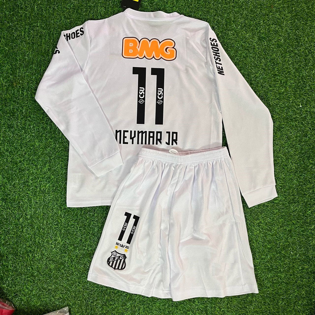 Neymar Jr Santos FC 2013 White Long Sleeve Kids Retro Football Jersey Set – Back View