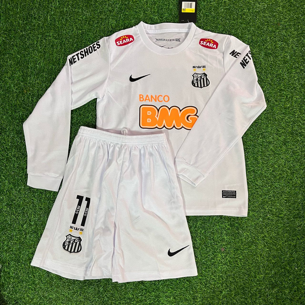 Neymar Jr Santos FC 2013 White Long Sleeve Kids Retro Football Jersey Set – Front View