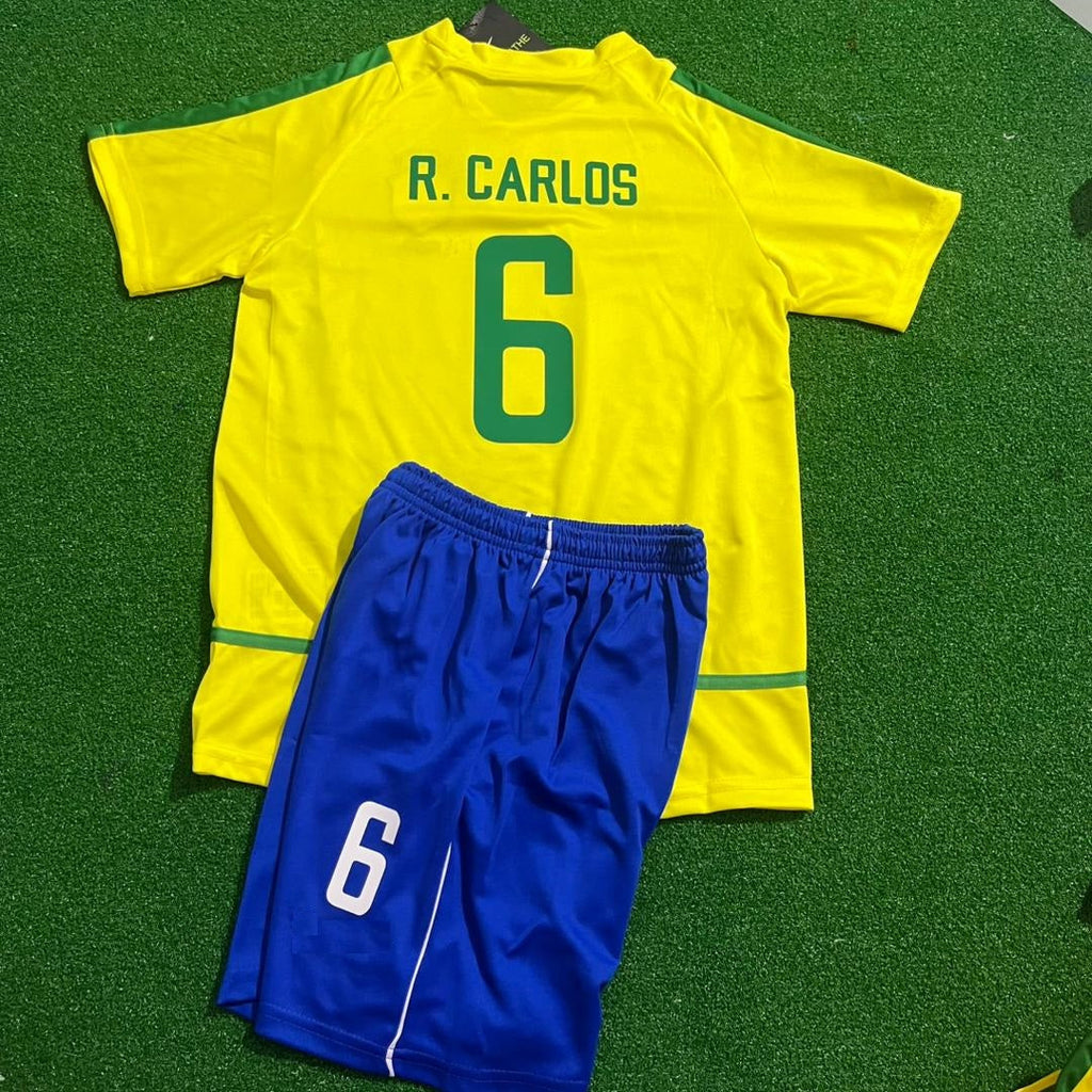 Roberto Carlos Brazil 2002 World Cup Retro Kids Soccer Kit Jersey Kinder Enfant – Back View