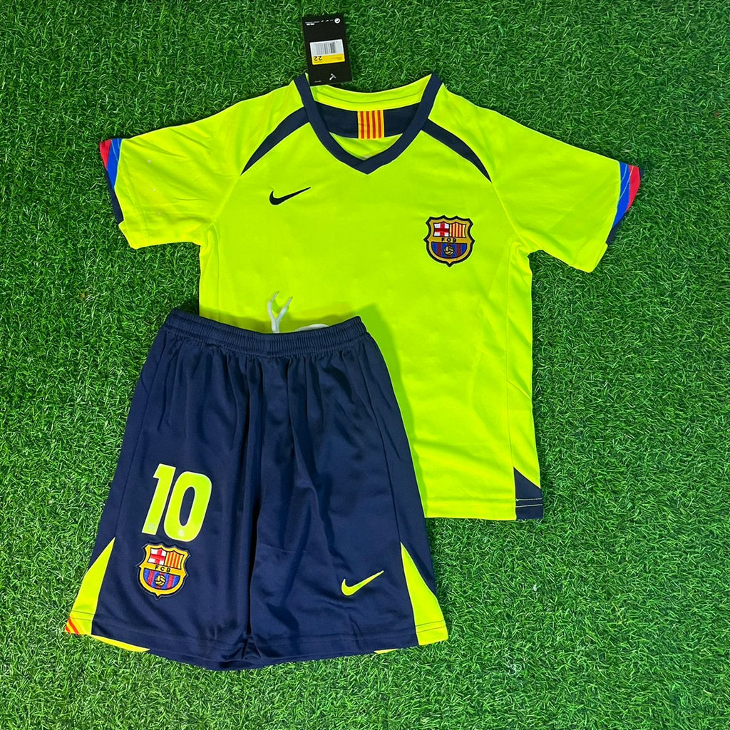 Ronaldinho Gaucho Barcelona 2005 2006 Green Yellow Kids Retro Jersey – Front View