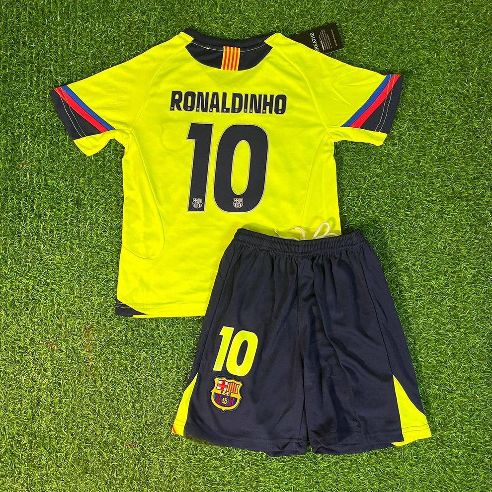 Ronaldinho Gaucho Barcelona 2005 2006 Green Yellow Kids Retro Jersey – Back View