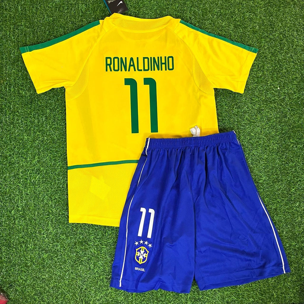 2002 Ronaldinho Gaucho Brazil Home Kids Kit Football Jersey for Children – Back View