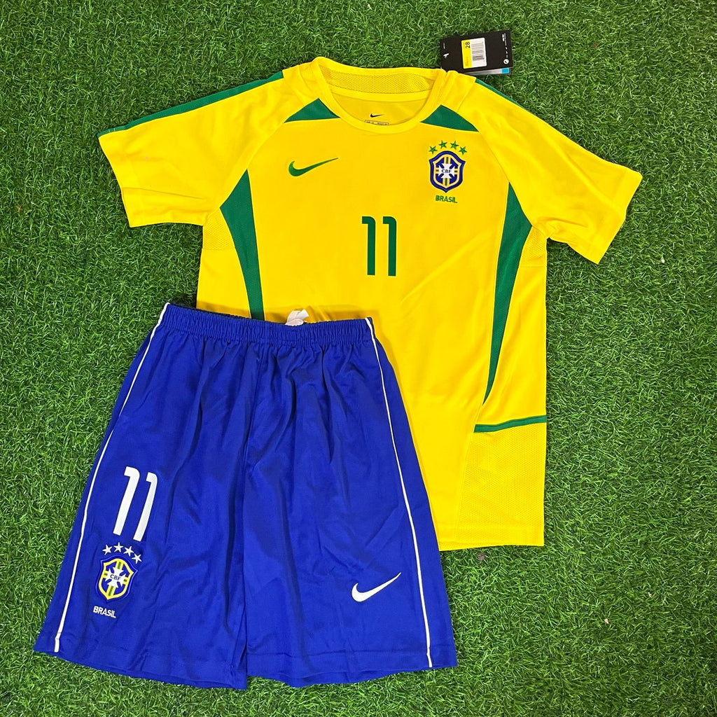 2002 Ronaldinho Gaucho Brazil Home Kids Kit Football Jersey for Children – Front View