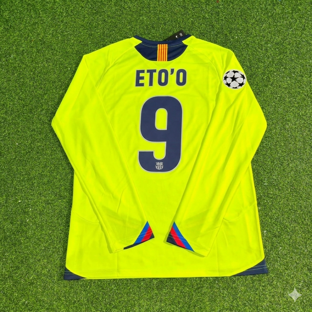 2005/06 Samuel Eto'o Barcelona Yellow Green Retro Long Sleeve Football Jersey – Back View