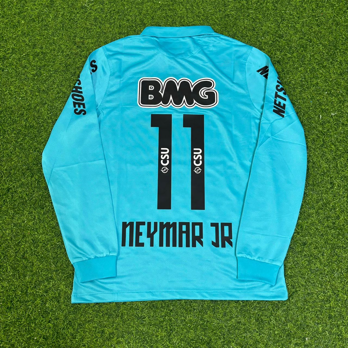 Neymar JR Santos FC 2011 2012 Retro Blue Green Long Sleeve Turquoise Jersey – Back View