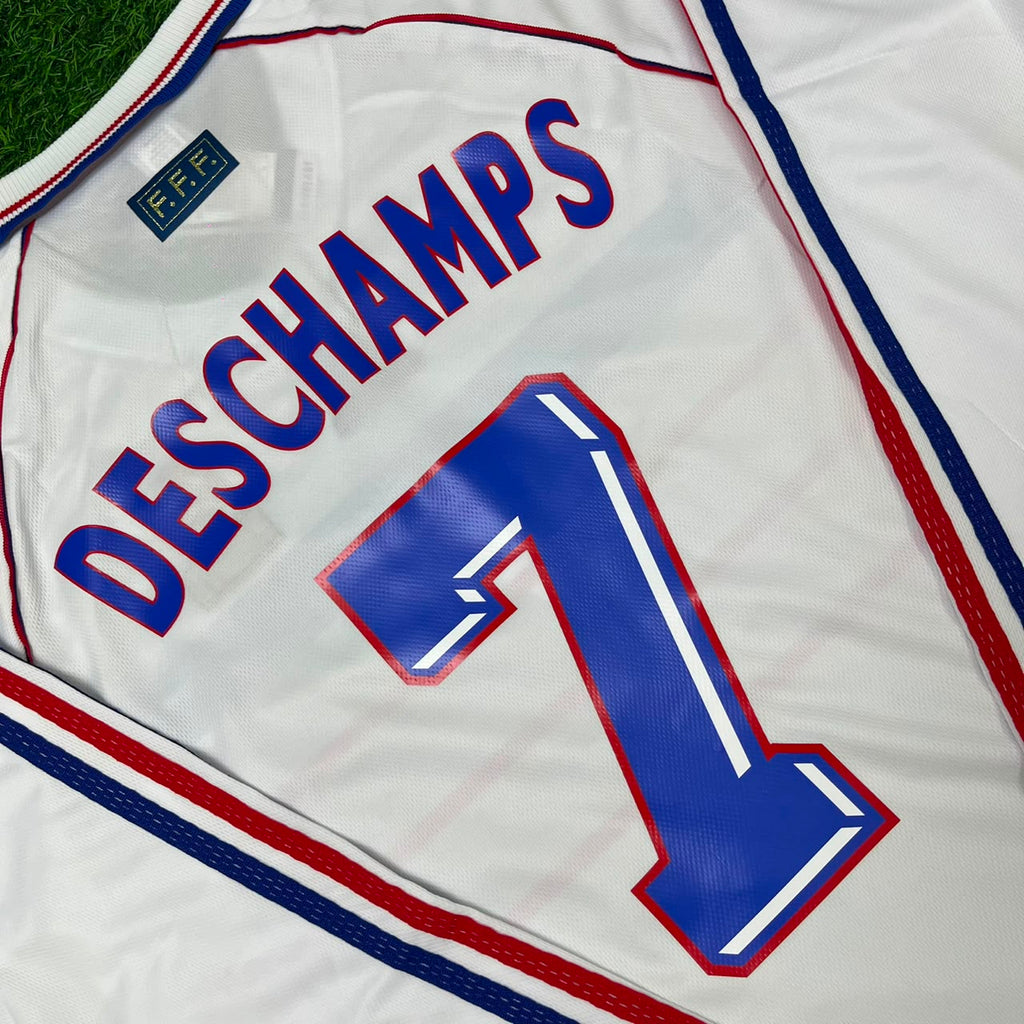 France 1998 World Cup White Away Long Sleeve Retro Jersey – Didier Deschamps #7 – Detailed View
