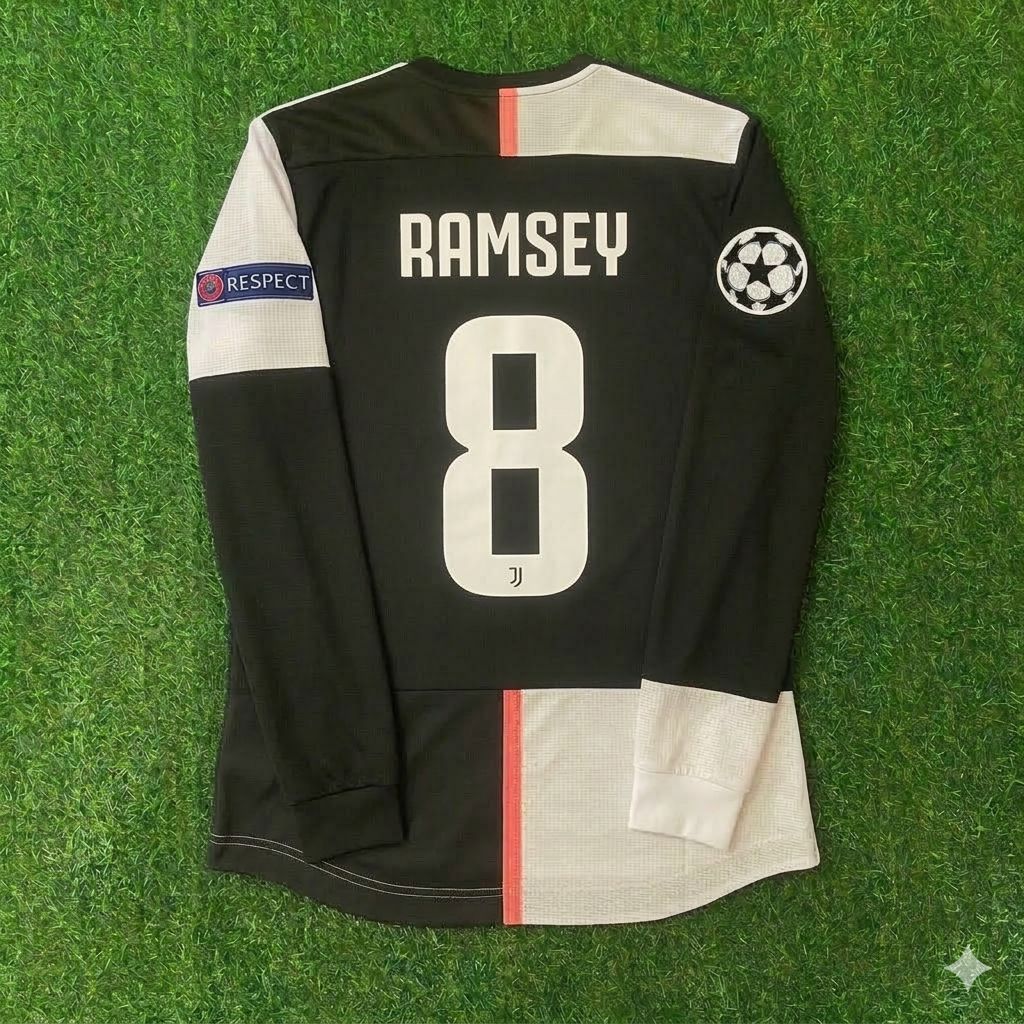 Juventus Long Sleeve 2019 2020 Retro White Black Jersey – Aaron Ramsey 8- – Back View