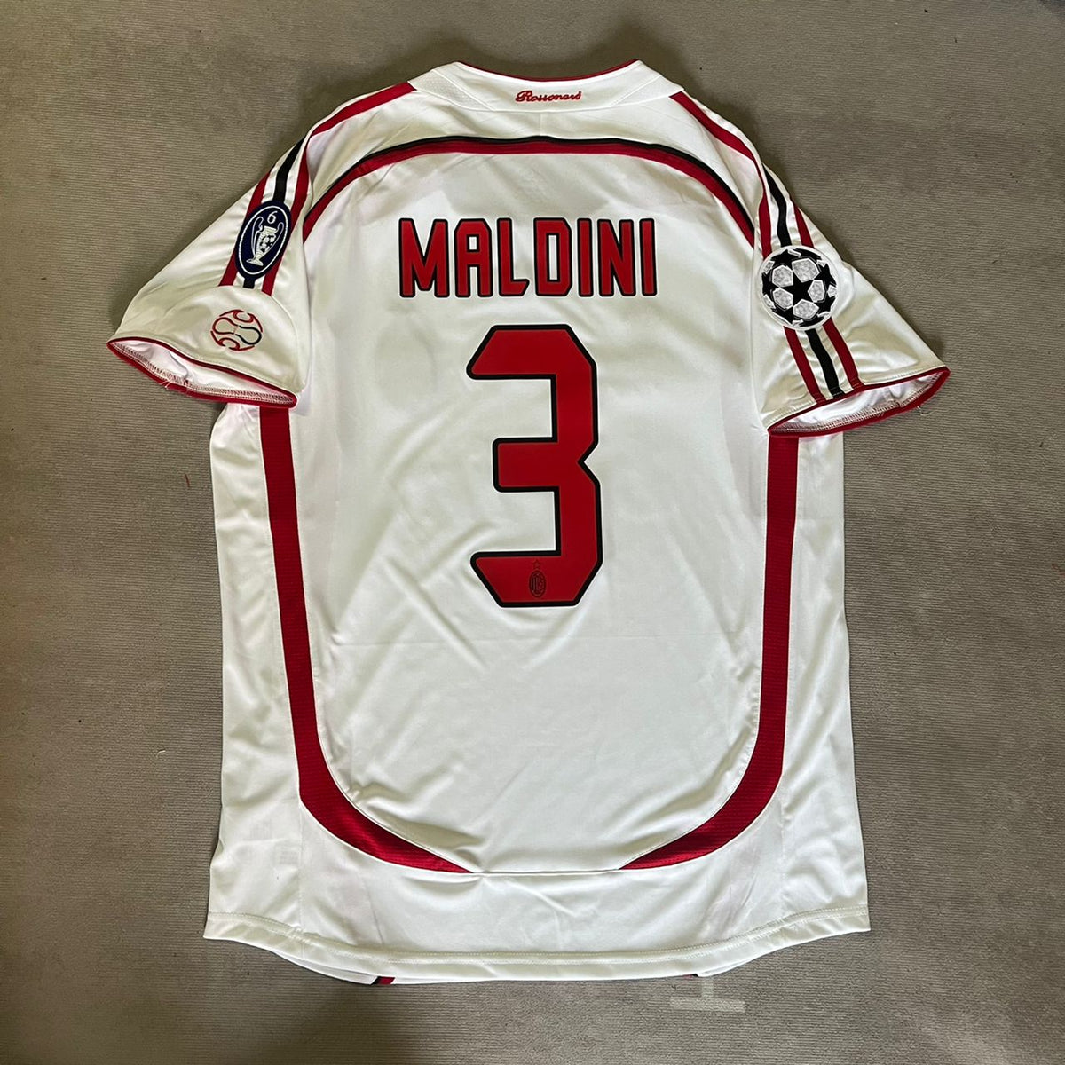 Paolo Maldini Milan 2007 Final Athene Champions League Final White Retro Jersey – Detailed View