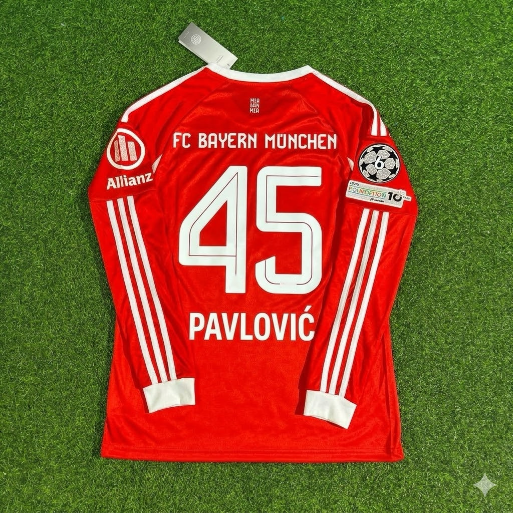Aleksandar Pavlović #45 Bayern Munich 2026 Champions League Long Sleeve Football Jersey – Back View