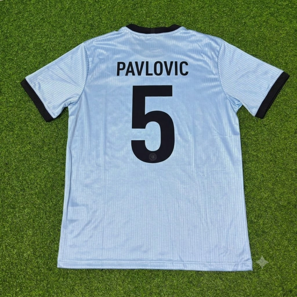 Aleksandar Pavlovic Germany 125th Year Special Clear Blue Retro Football Jersey – Back View