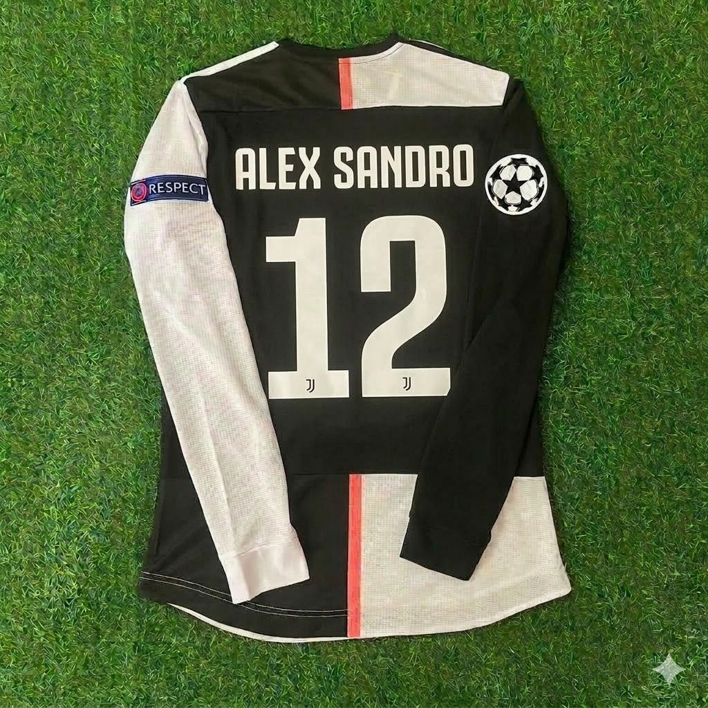 2019 Alex Sandro 12- Juventus Long Sleeve 2020 Retro White Black Football Jersey – Back View