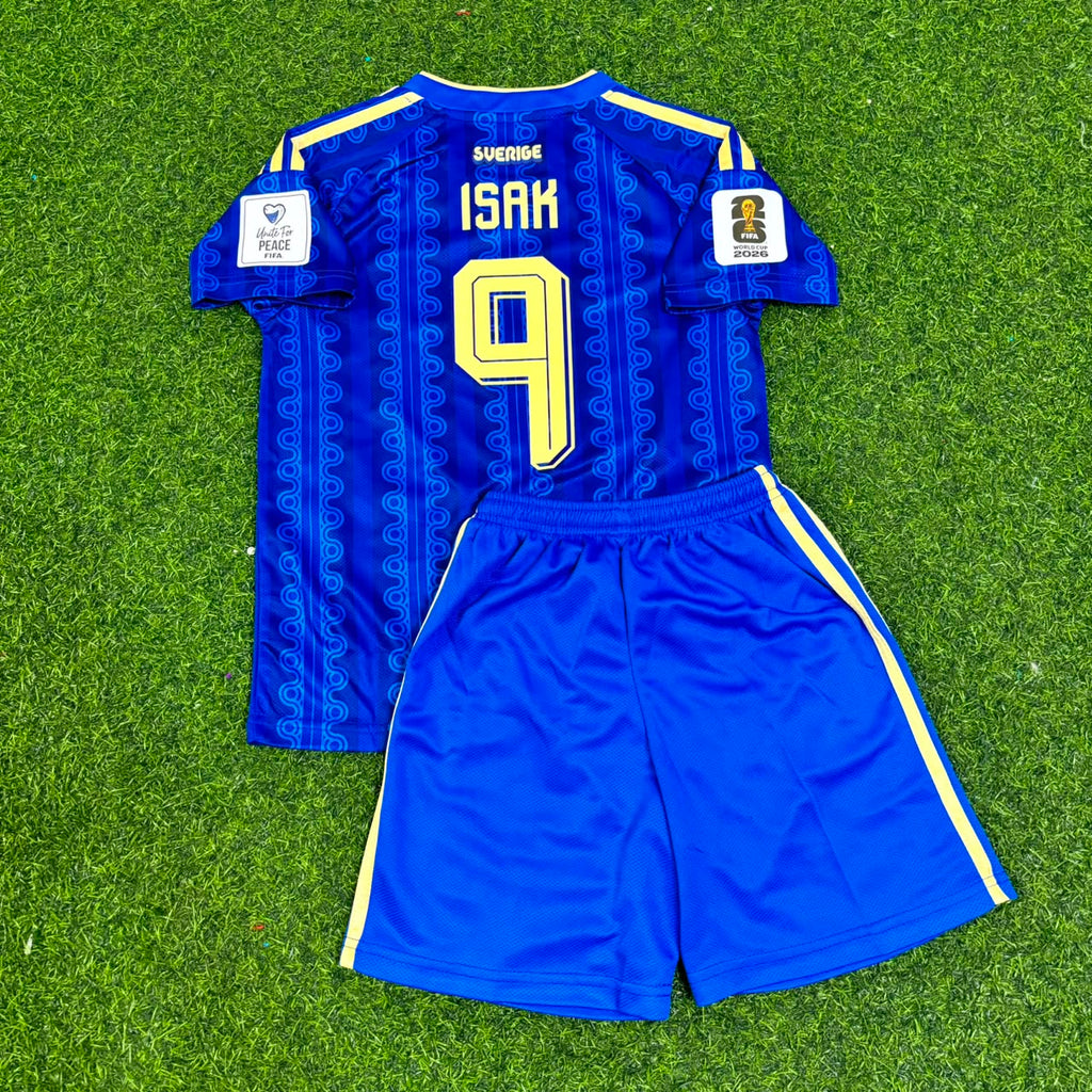 Alexander Isak Sweden 2026 World Cup Away Kids Blue Football Jersey – Back View