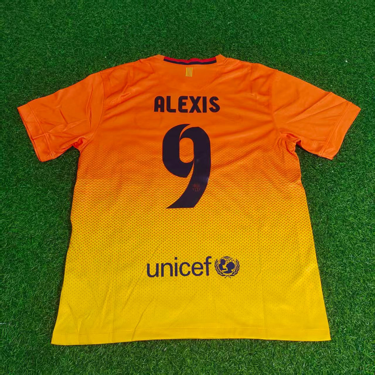 2012 Alexis Sanchez 9 Barcelona 2013 Orange Retro Football Jersey – Back View