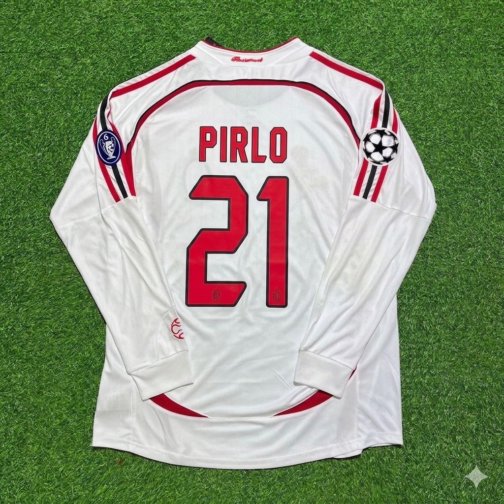 2007 Andrea Pirlo #21 AC Milan Champions League Final Away White Long Sleeve Retro Football Jersey – Back View