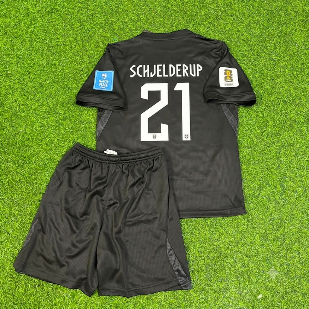 Andreas Schjelderup #21 Norway 2026 World Cup Away Black KIDS Football Jersey – Back View