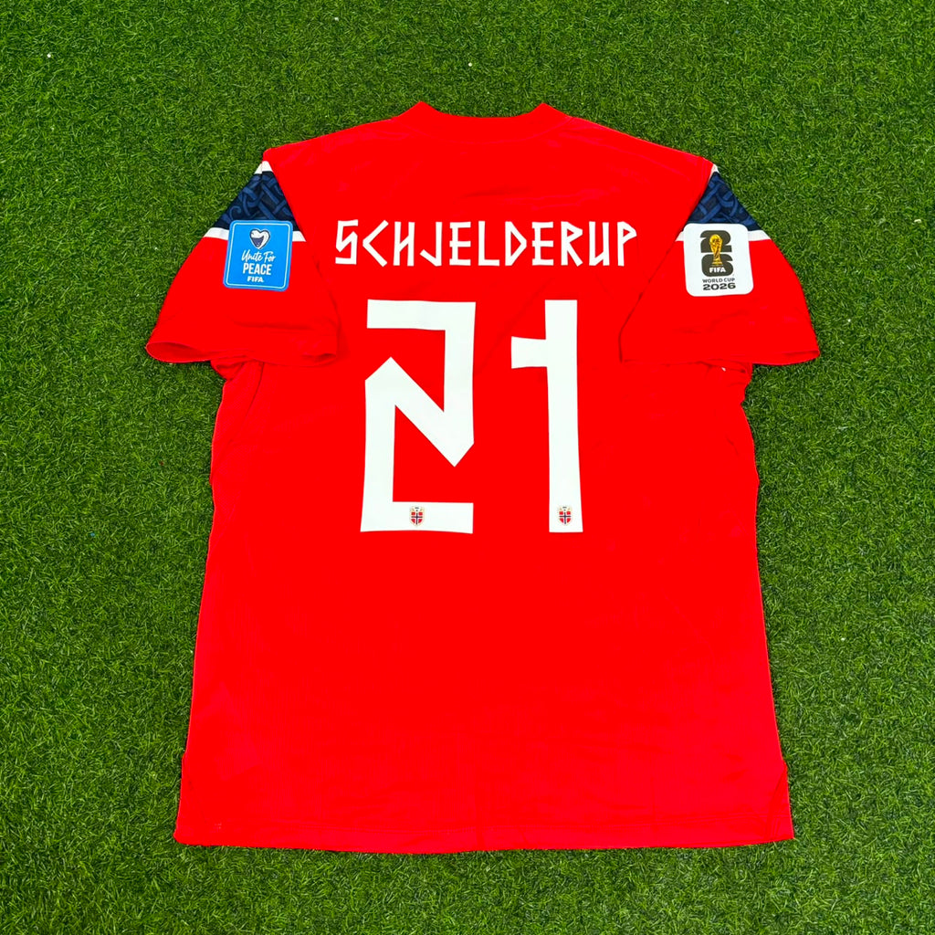 Andreas Schjelderup #21 Norway 2026 World Cup Home Football Jersey – Back View