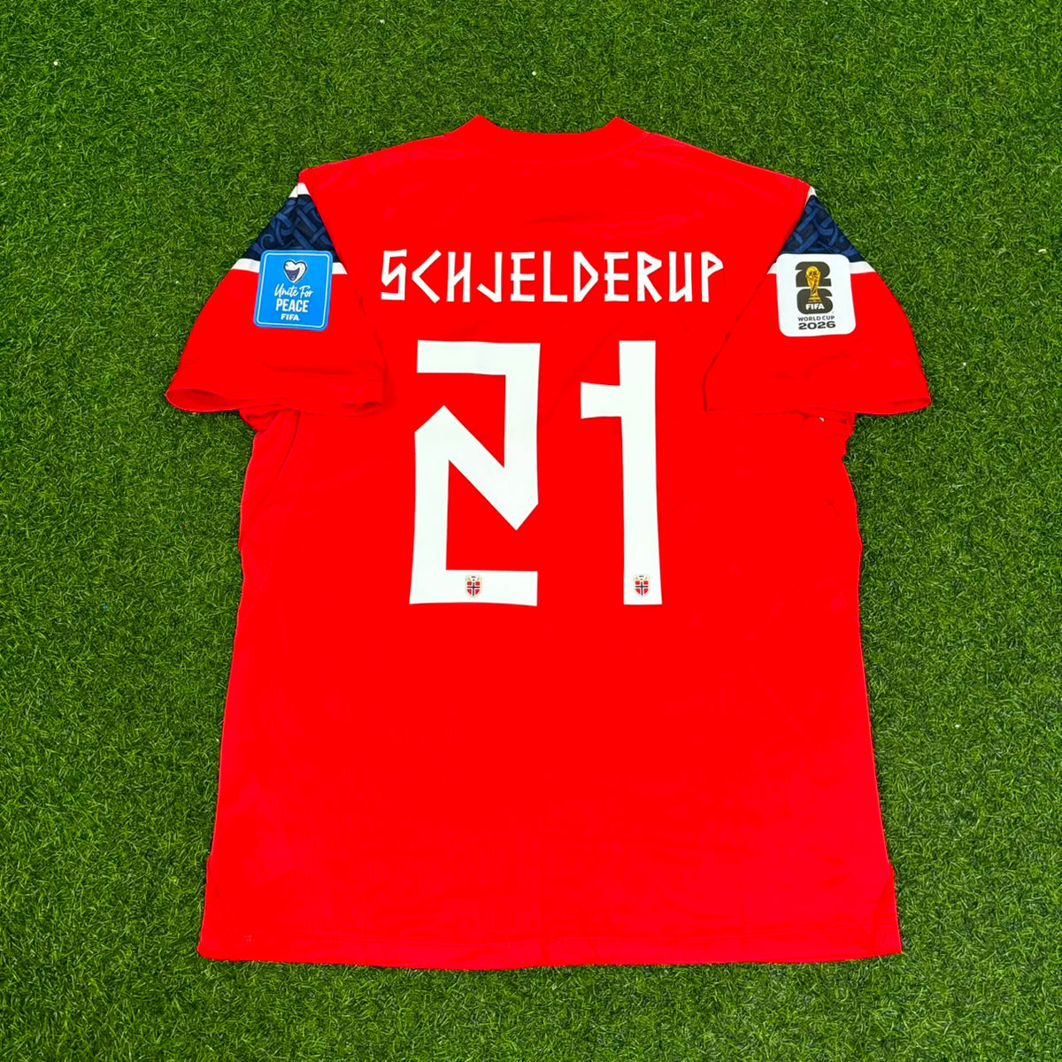 Andreas Schjelderup #21 Norway 2026 World Cup Home Football Jersey – Back View