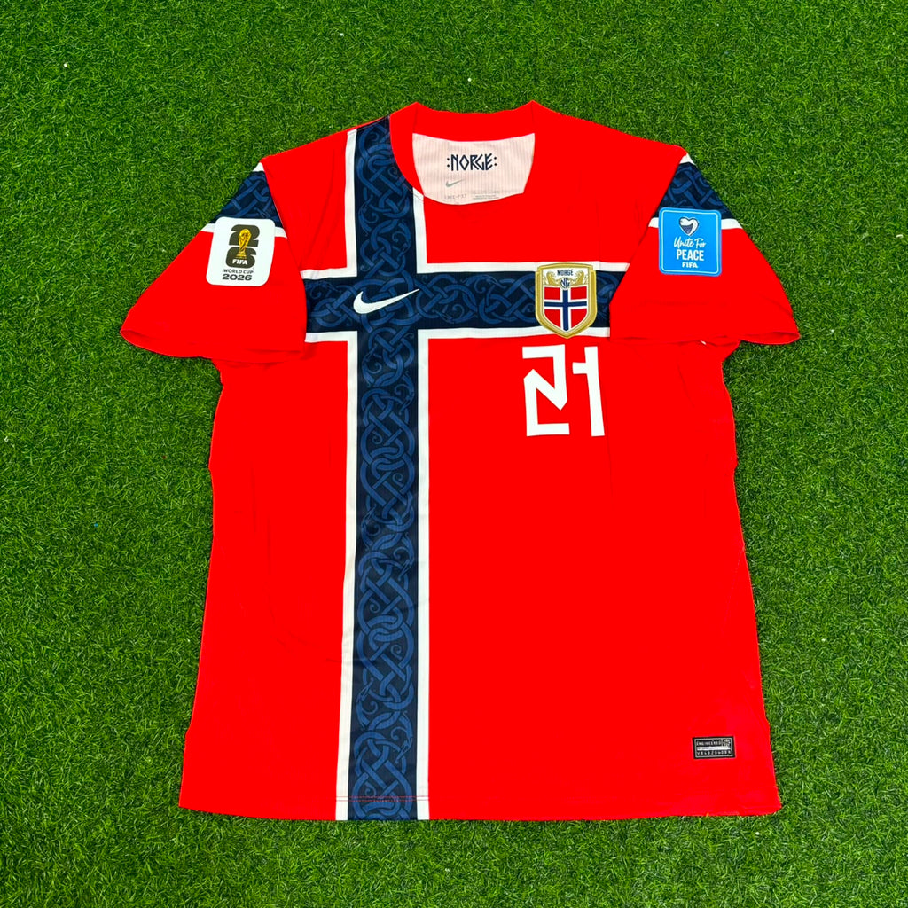 Andreas Schjelderup #21 Norway 2026 World Cup Home Football Jersey – Front View