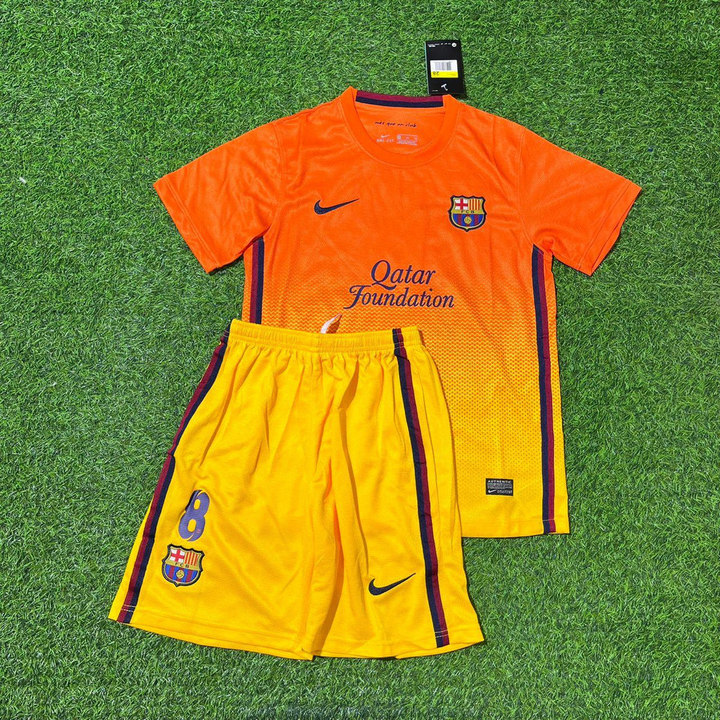 Barcelona 2012/2013 Orange Retro Kids Football Jersey – Andrés Iniesta 8 – Front View