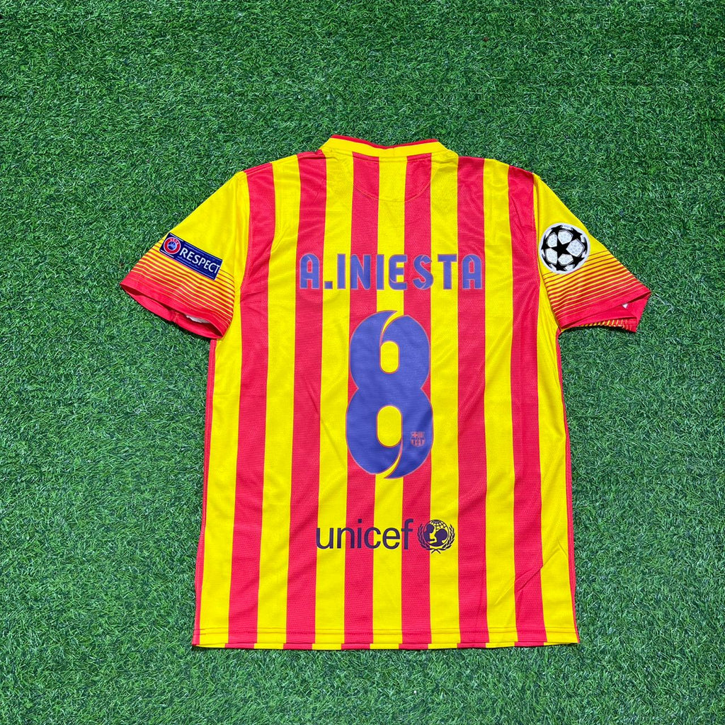 Andres Iniesta 8 - Barcelona 2013/2014 Yellow Red Retro Jersey – Back View