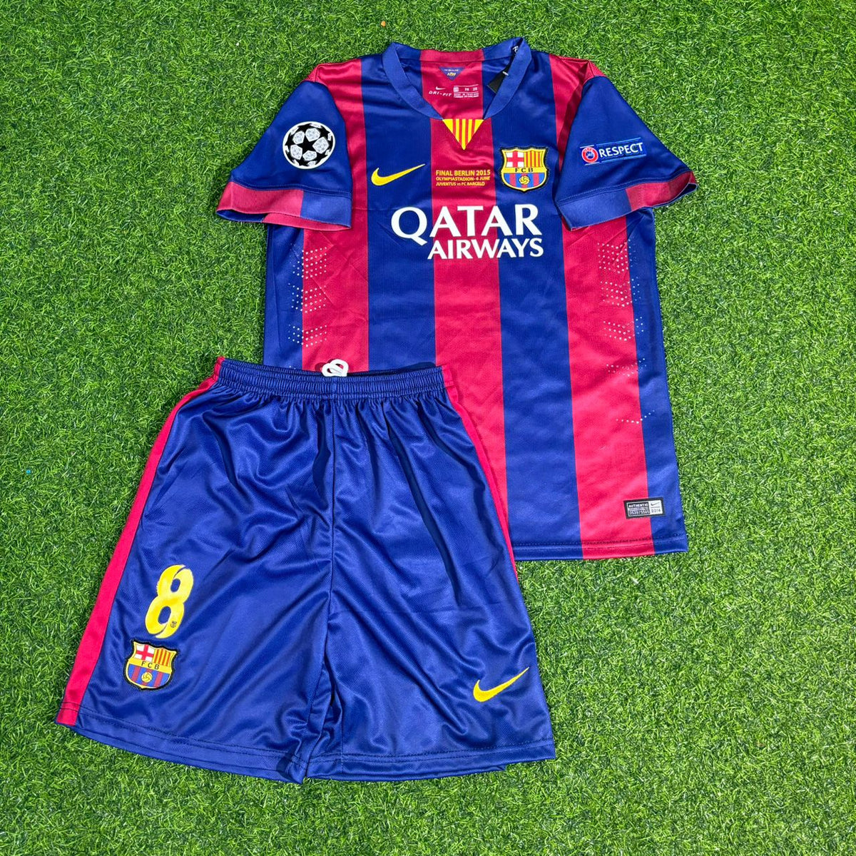 Barcelona 2015 Champions League Final Kids Retro Jersey – Andres Iniesta #8 – Front View