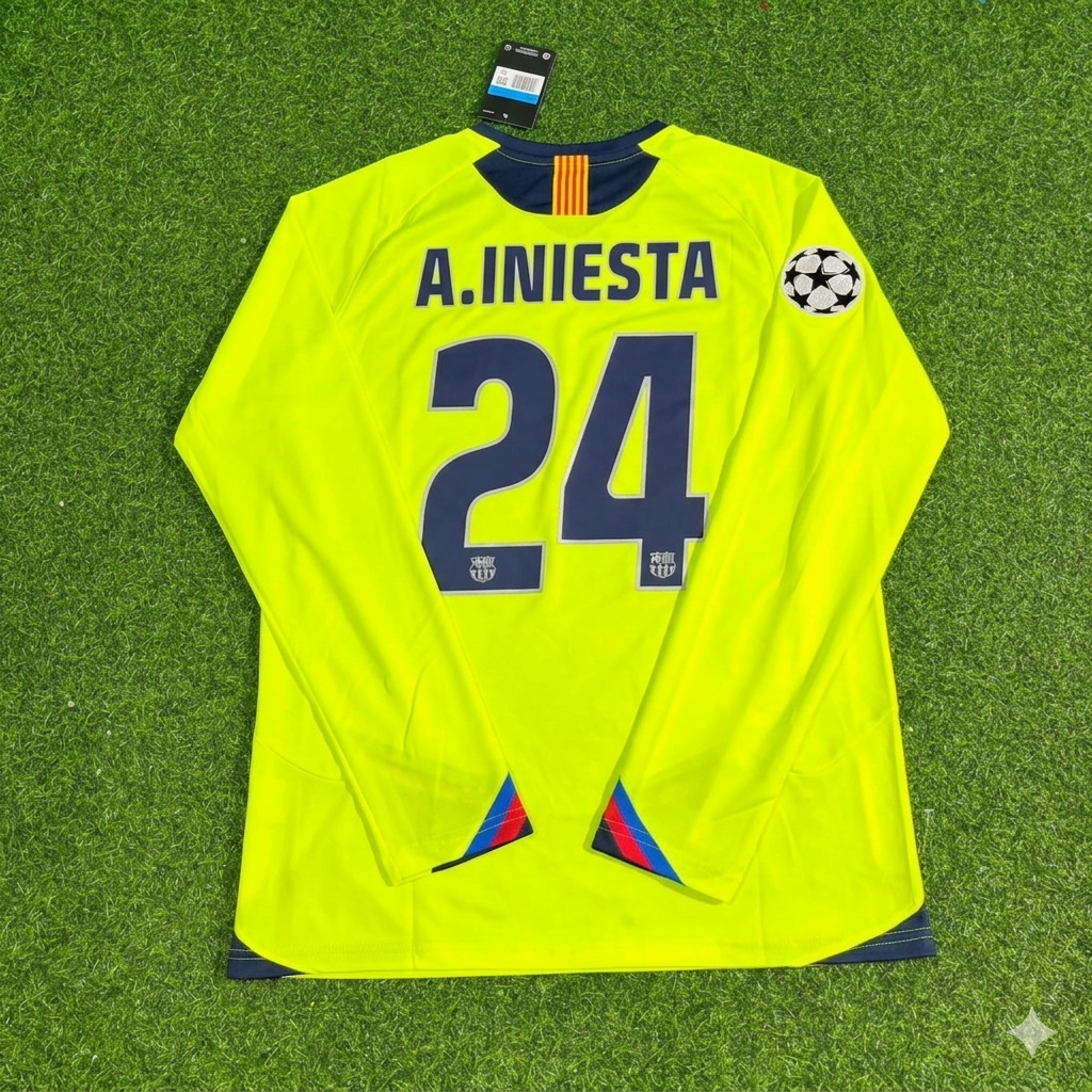 2005/06 Andres Iniesta Barcelona Yellow Green Retro Long Sleeve Football Jersey – Back View