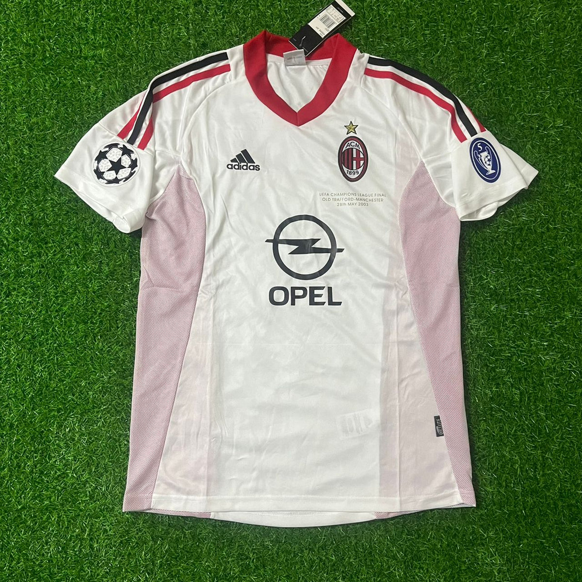 2003 Jon Dahl Tomasson AC Milan Champions League Final Old Trafford White Retro Football Jersey – Front View