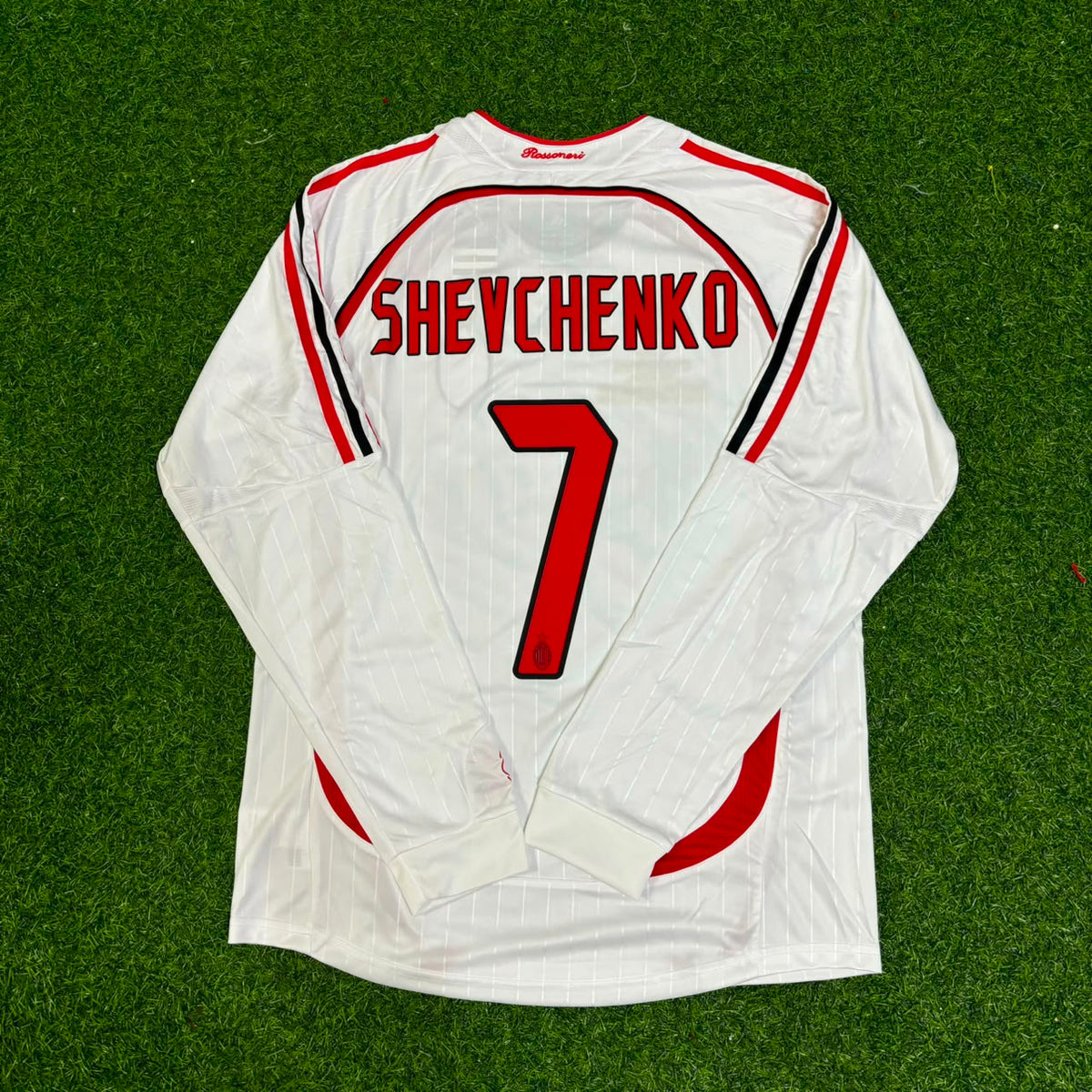 Andriy Shevchenko #7 AC Milan Away White Long Sleeve Retro Football Jersey – Back View