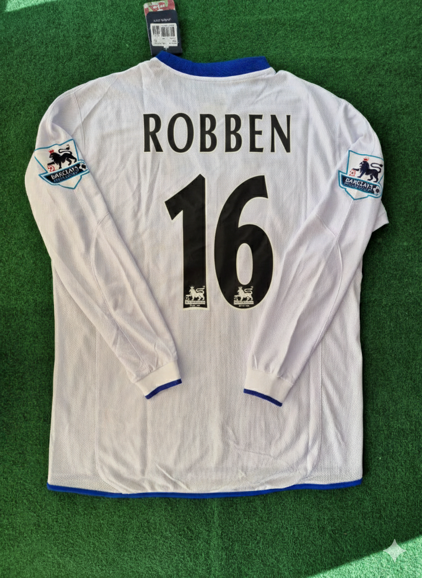 Arjen Robben 16 Chelsea Away 2004 Retro White Long Sleeve Jersey Kit – Back View
