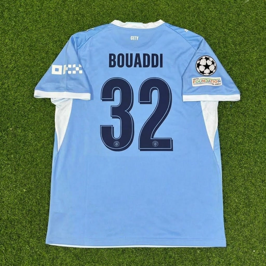Ayyoub Bouaddi #32 Manchester City 2026-27 Home New Season Champions League Patch Jersey – Back View