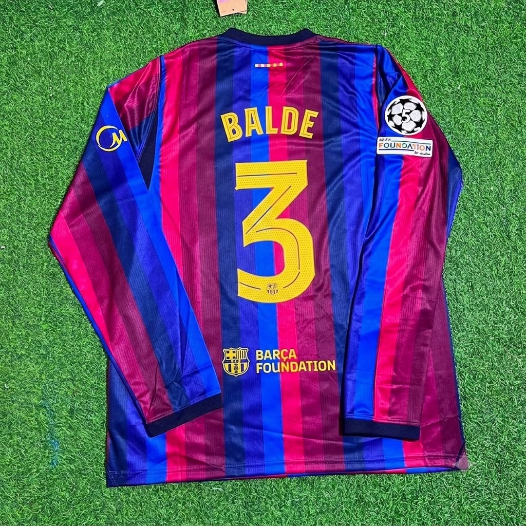 Alejandro Balde #3 Barcelona 2027 New Season Champions League Patch Home Long Sleeve Jersey – Back View