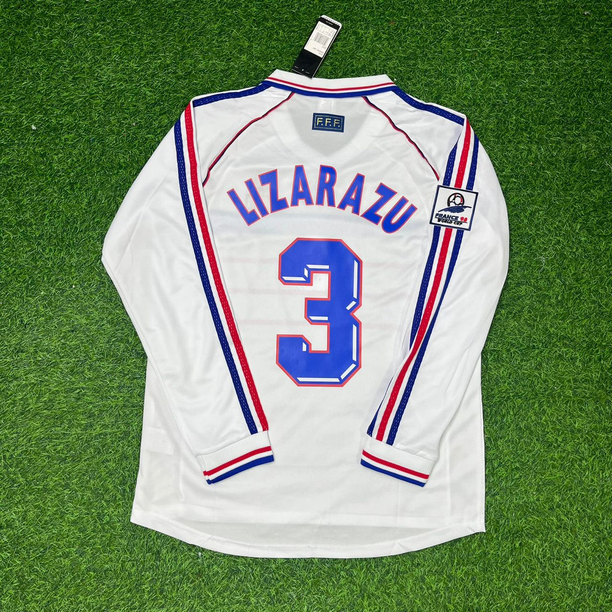 France 1998 World Cup White Away Long Sleeve Retro Football Jersey – Bixente Lizarazu – Back View