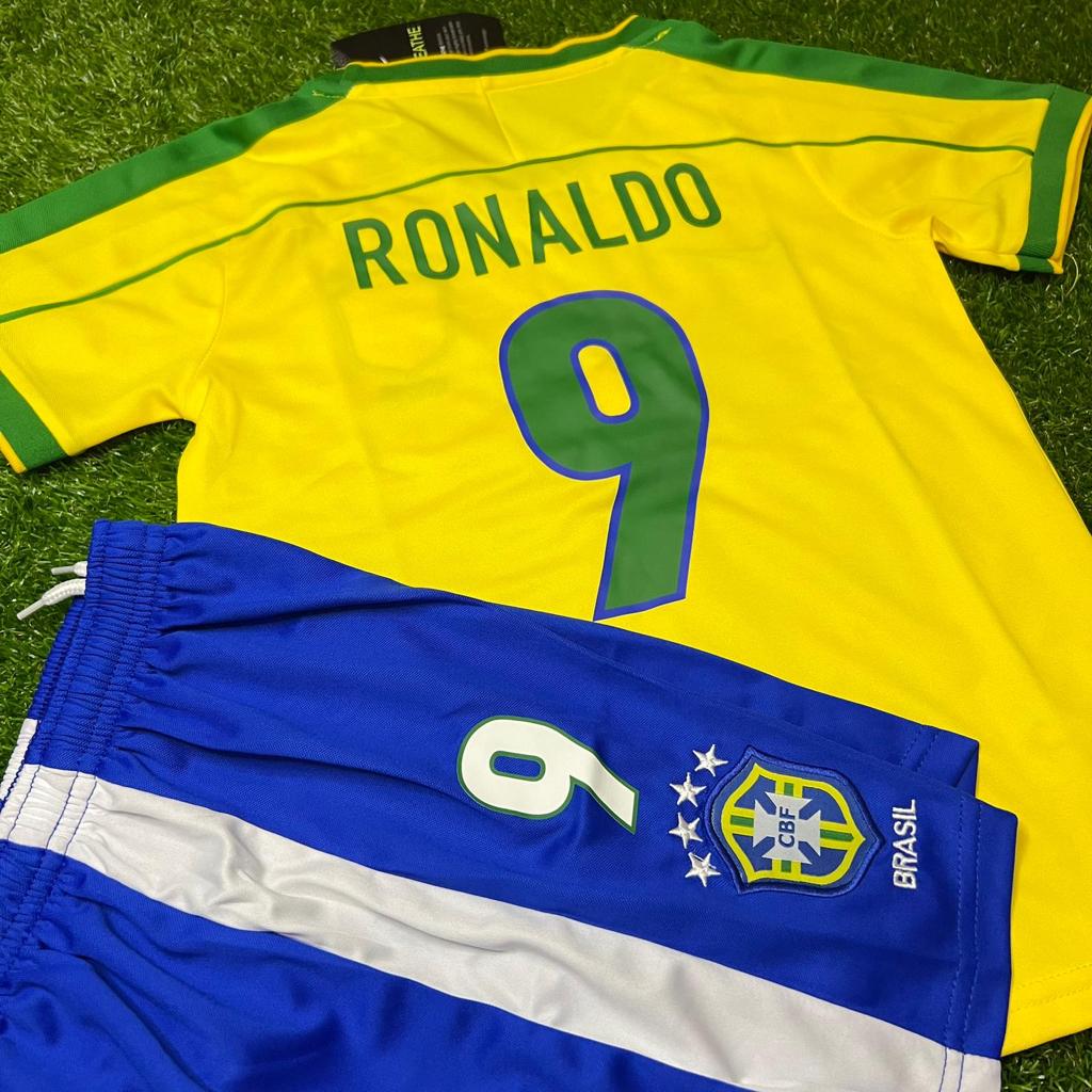 1998 Ronaldo Nazario Brazil Home Kids Kit Football Jersey for Children – Front View