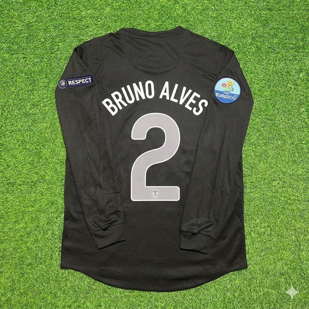 2012 Portugal EURO Bruno Alves #2 Away Black Long Sleeve Retro Football Jersey – Back View