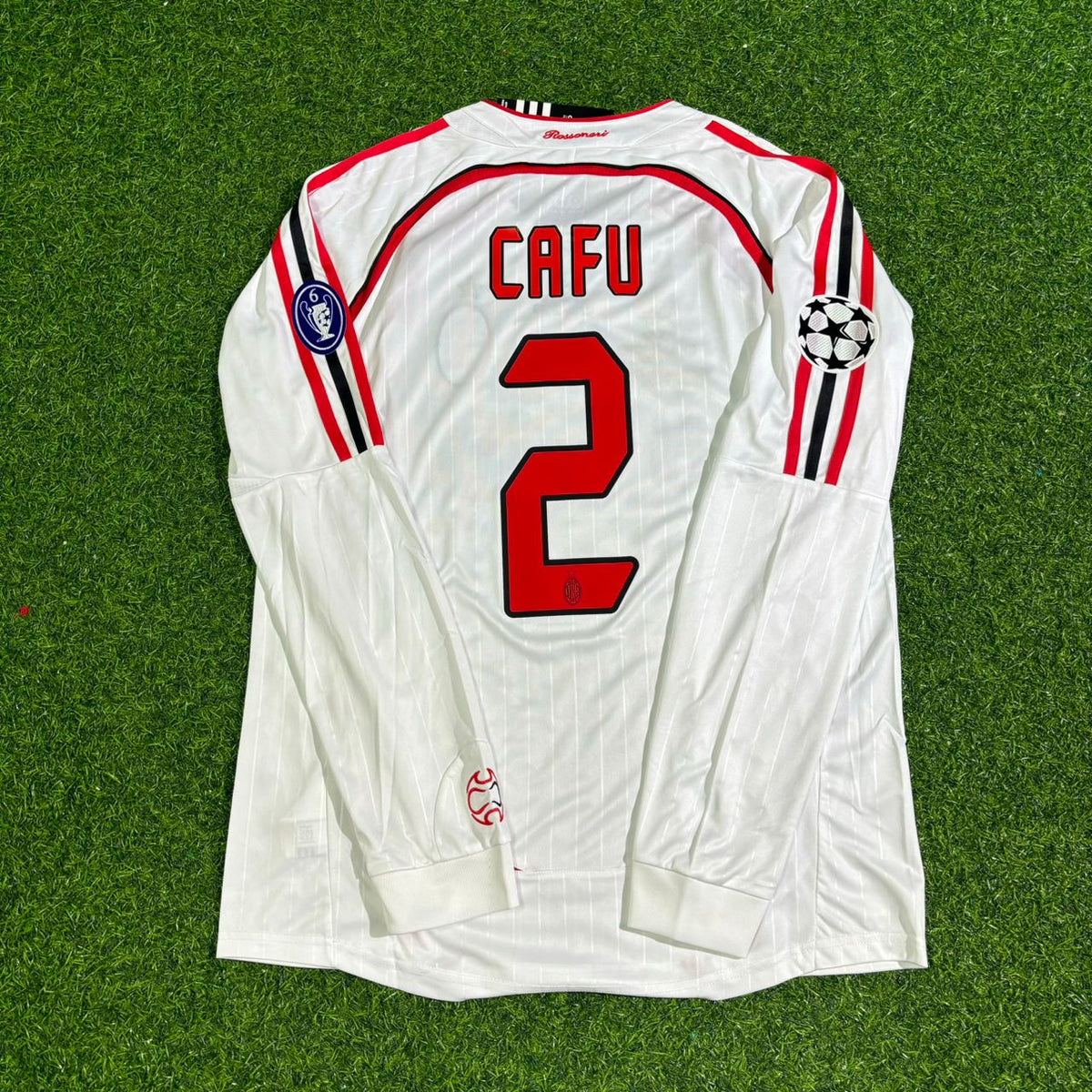 2007 Cafu #2 AC Milan Champions League Final Away White Long Sleeve Retro Football Jersey – Back View