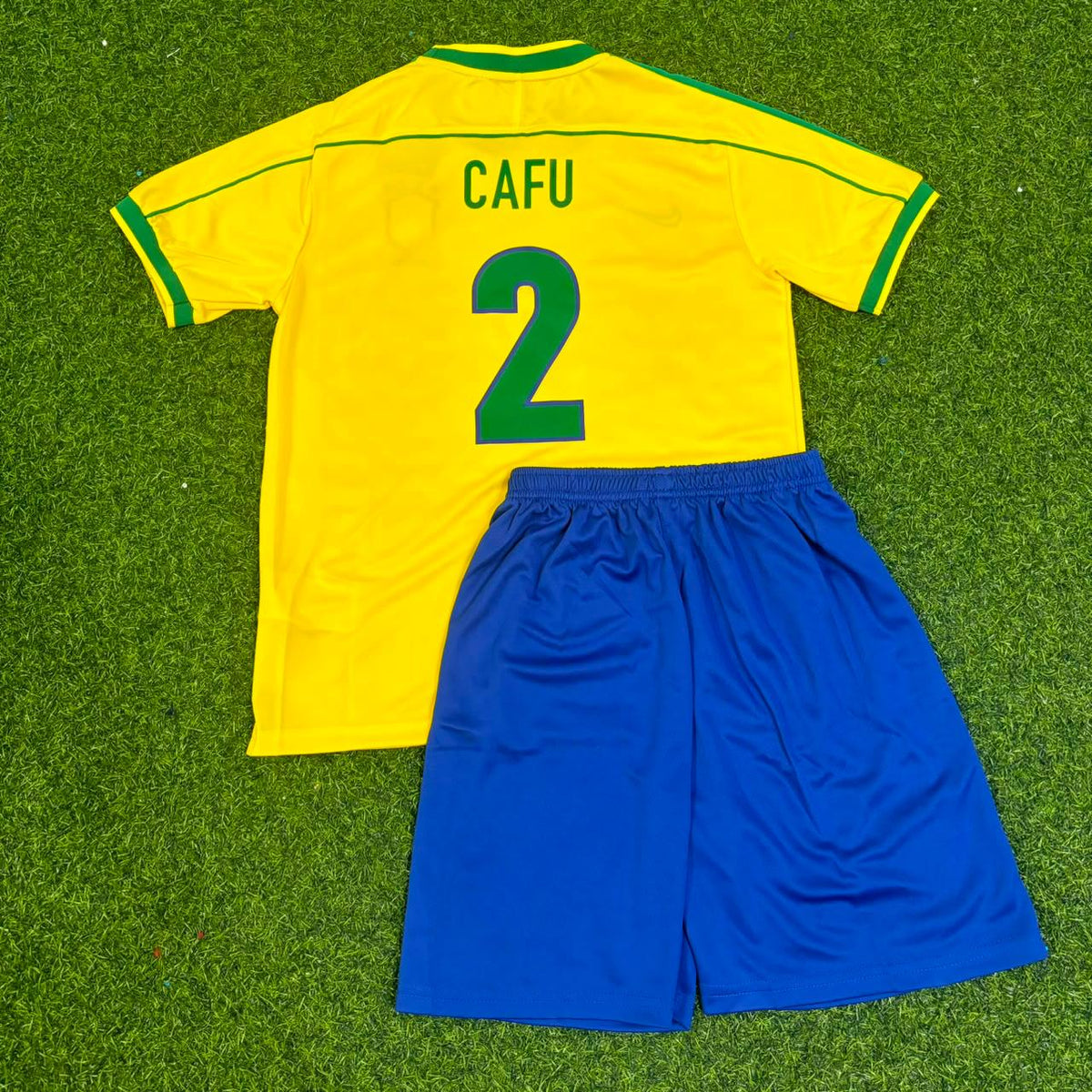 Cafu #2 Brazil 2002 World Cup Retro Kids Soccer Kit Jersey Kinder Enfant – Back View