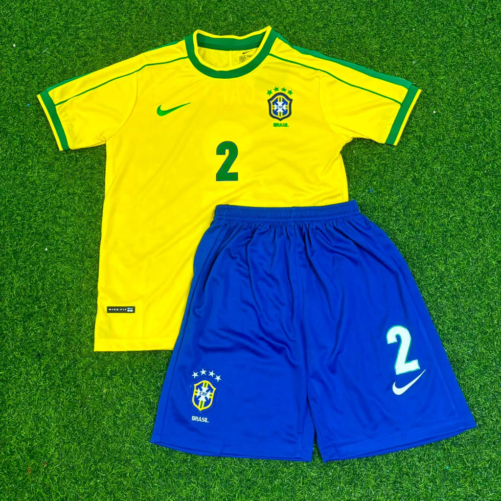 Cafu #2 Brazil 2002 World Cup Retro Kids Soccer Kit Jersey Kinder Enfant – Front View