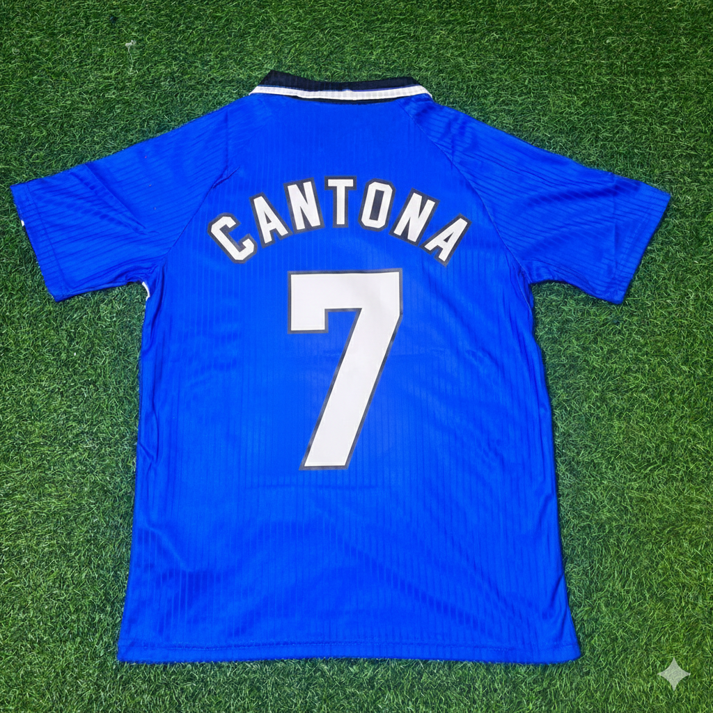 1996/97 Eric Cantona Manchester United Blue Retro Football Jersey – Back View