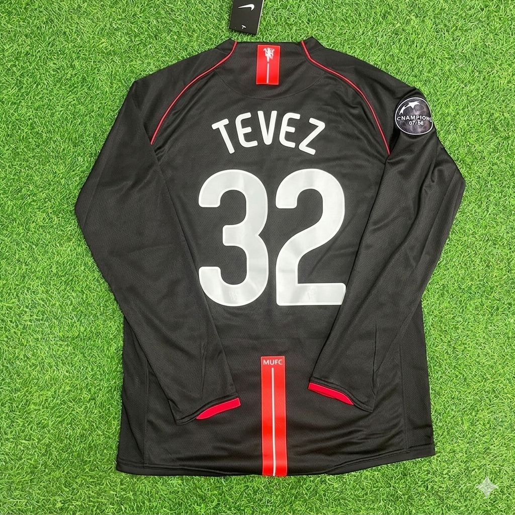 Carlos Tevez Manchester United 2007/2008 Champions League Patch Black Retro Football Jersey – Back View