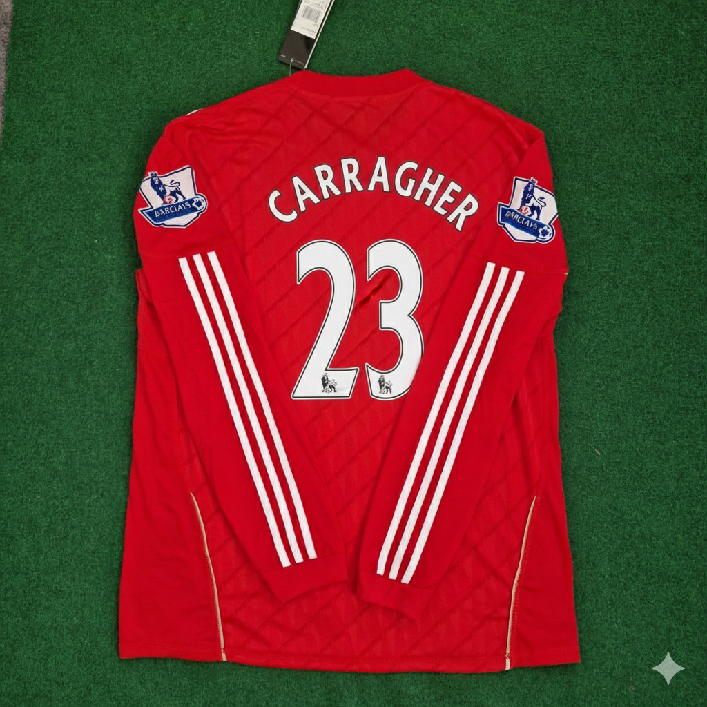 Liverpool 2010 2012 Season Long Sleeves Red Retro Jersey – Jamie Carragher – Back View