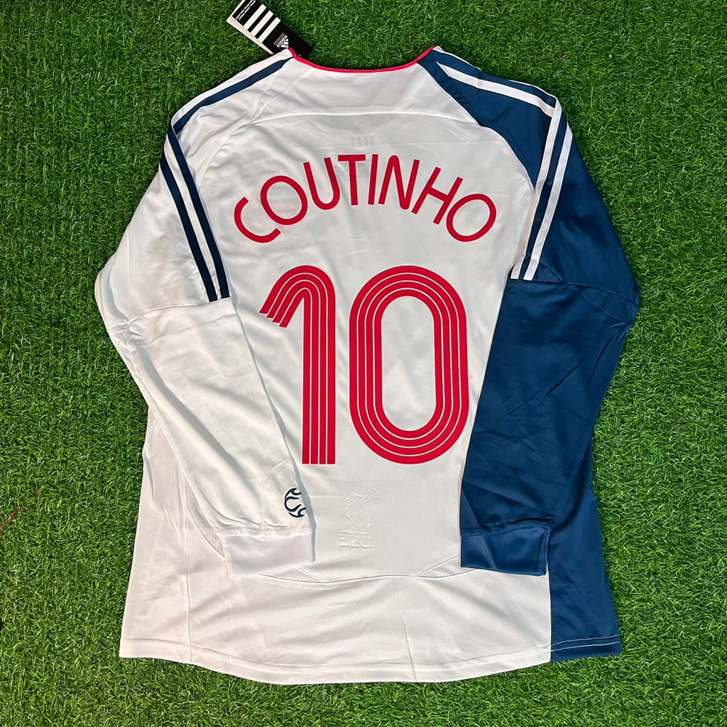 Philippe Coutinho Liverpool White Blue Retro Football Jersey – Back View
