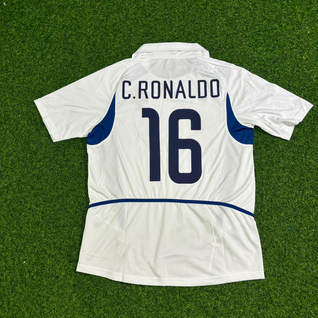2003 Cristiano Ronaldo Number 16 Portugal Debut White Retro Football Jersey – Back View