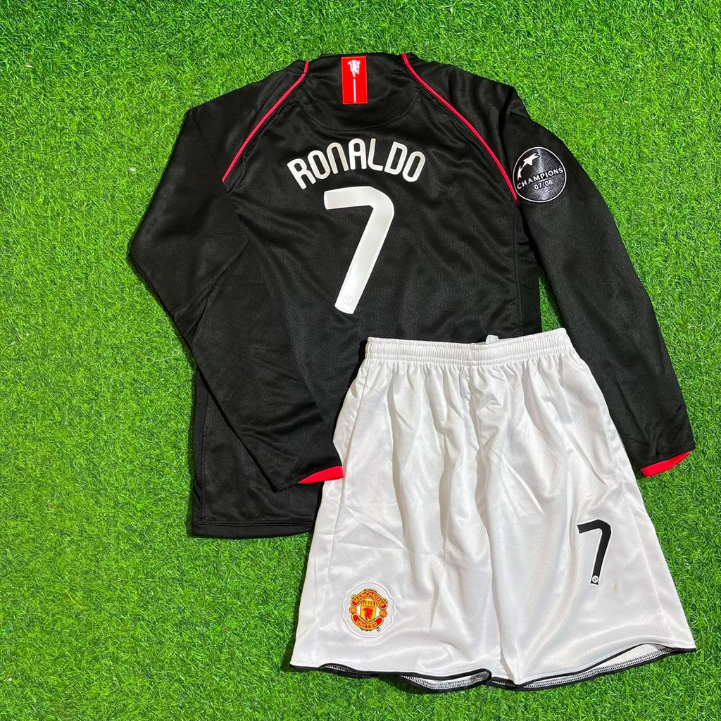 Cristiano Ronaldo 7 Manchester United 2007-2008 Black Champions League Patch Kids Kit Jersey KinderTrikot – Back View