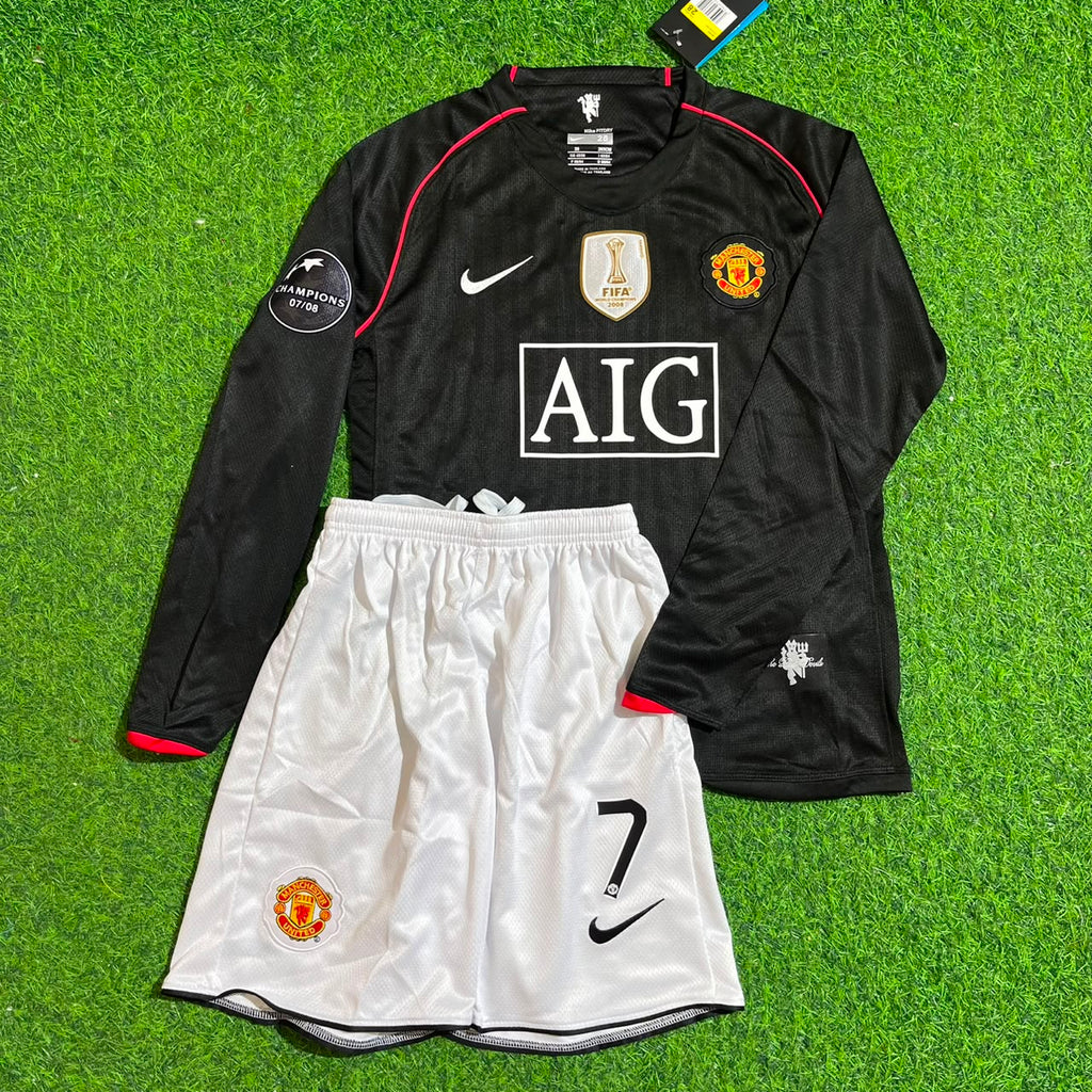 Cristiano Ronaldo 7 Manchester United 2007-2008 Black Champions League Patch Kids Kit Jersey KinderTrikot – Front View